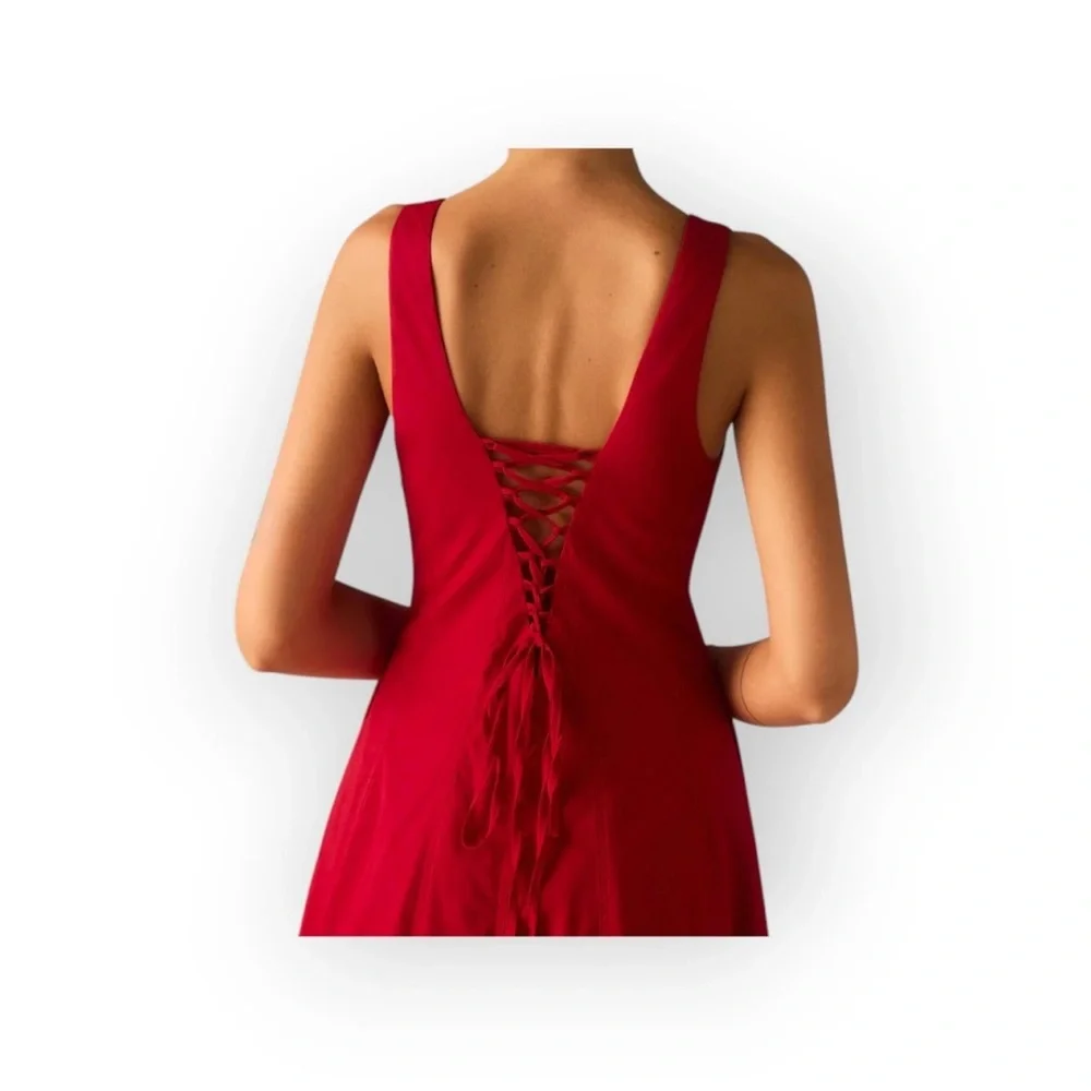 New commense Red Maxi Dress Square Neck Lace-Up Corset Back Size large - Picture 5 of 13